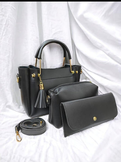 Women's PU Leather Plain Hand Bag Set 3 in 1