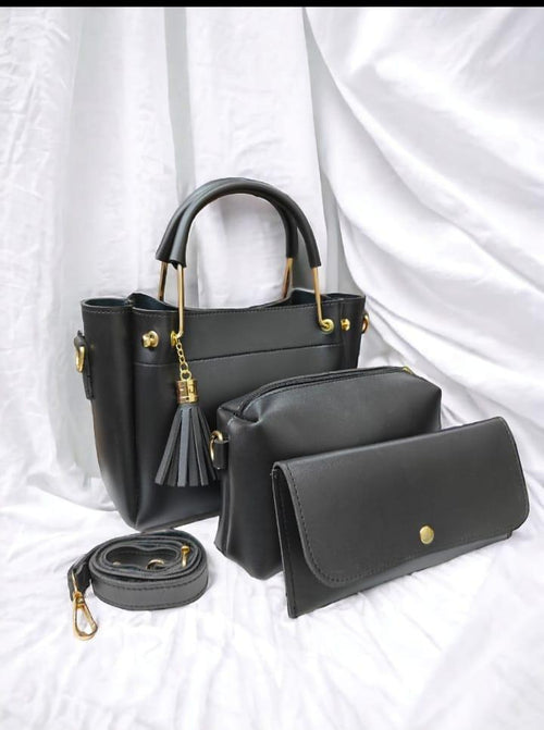 Women's PU Leather Plain Hand Bag Set 3 in 1