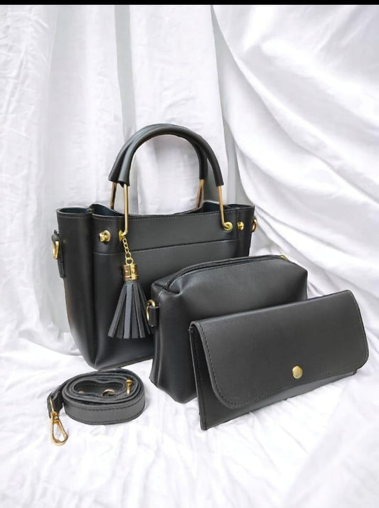 Women's PU Leather Plain Hand Bag Set 3 in 1