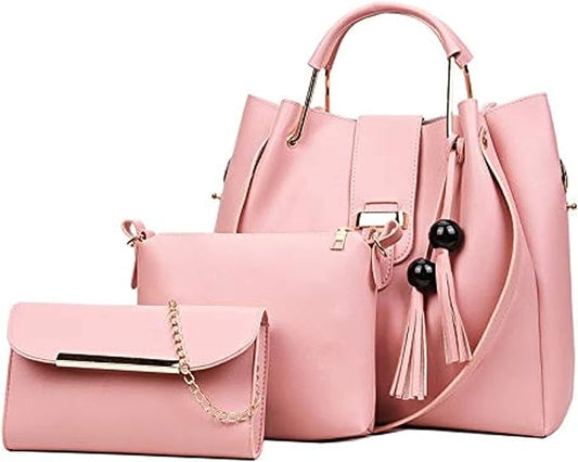 Stylish Pink Leather Hand Bag Set - 3 Pcs for Girls